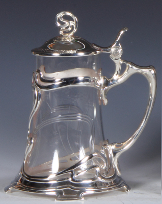 Glass stein, .5L, blown, etched, by W.M.F., silver-plated mounts, inscription dated 1904, mint.