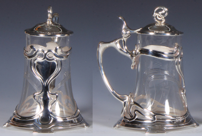 Glass stein, .5L, blown, etched, by W.M.F., silver-plated mounts, inscription dated 1904, mint. - 2