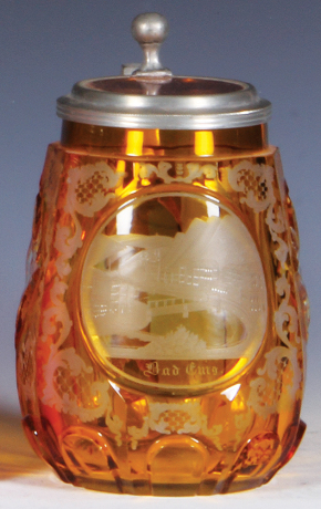 Glass stein, .5L, blown, c.1850, yellow flashed, cut, wheel-engraved, Bad Ems, matching glass inlaid lid, excellent repair to pewter strap, body mint.