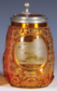 Glass stein, .5L, blown, c.1850, yellow flashed, cut, wheel-engraved, Bad Ems, matching glass inlaid lid, excellent repair to pewter strap, body mint.