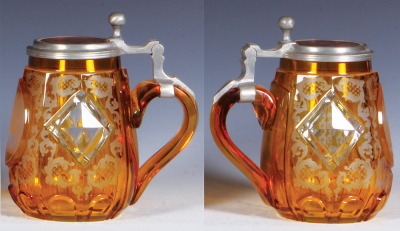 Glass stein, .5L, blown, c.1850, yellow flashed, cut, wheel-engraved, Bad Ems, matching glass inlaid lid, excellent repair to pewter strap, body mint. - 2