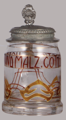 Glass stein, .5L, blown, transparent enamel, Art Nouveau, relief pewter lid, small rough spot on edge of lid, body mint.