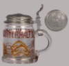 Glass stein, .5L, blown, transparent enamel, Art Nouveau, relief pewter lid, small rough spot on edge of lid, body mint. - 2