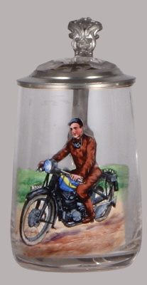 Glass stein, .5L, blown, transfer & hand-painted, Motorcycle Rider, glass inlaid lid, very good pewter strap repair, body mint.