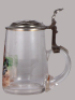 Glass stein, .5L, blown, transfer & hand-painted, Motorcycle Rider, glass inlaid lid, very good pewter strap repair, body mint. - 2