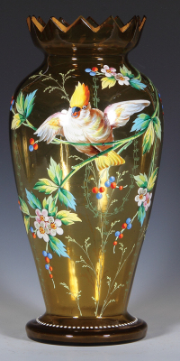 Glass vase, 12.1'' ht., blown, amber, hand-painted, bird [parrot] and floral decoration, top rim is cut and gilded, small interior top rim flake, otherwise very good condition.