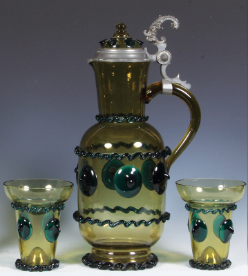 Glass pitcher, 15.2'' ht., blown, amber, green prunts & rigaree, with two beakers, 5.0'' ht., a few small flakes.