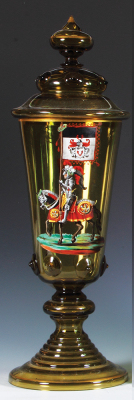 Glass pokal, 21.3'' ht., blown, amber, applied glass prunts, hand-painted, Knight on horseback, set-on lid, mint.