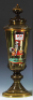 Glass pokal, 21.3'' ht., blown, amber, applied glass prunts, hand-painted, Knight on horseback, set-on lid, mint.