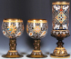 Pair glass roemers, 9.3'' ht., blown, amber, hand-painted, prunts, glass beads, gilded, one small glass bead missing, very good condition.