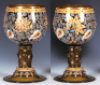 Pair glass roemers, 9.3'' ht., blown, amber, hand-painted, prunts, glass beads, gilded, one small glass bead missing, very good condition. - 2