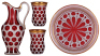 Cranberry glass pitcher set, white on ruby overlay, gilded, late 1800s, European, pitcher, 10.5'' ht., tray, 10.0'' d., two beakers, .25L, small chip on edge of tray, pitcher & beakers in excellent condition.&Ecirc; &Ecirc;
