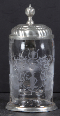 Glass stein, .5L, blown, c.1800, wheel-engraved, man, pewter lid & footring, mint.