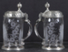 Glass stein, .5L, blown, c.1800, wheel-engraved, man, pewter lid & footring, mint. - 2