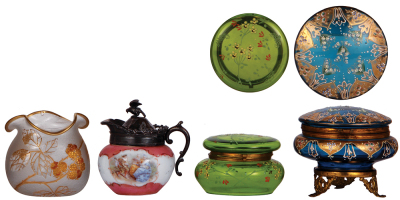 Four Victorian glass powder jars, pitcher & vase 3.2'' to 4.8'' ht., 4.0'' to 5.5'' d., pitcher, milk glass, transfer scene of people, silver-plated hinged lid;  powder jar, green glass, brass hinged lid; powder jar, blue glass, brass base and hinged lid,