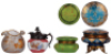 Four Victorian glass powder jars, pitcher & vase&nbsp;3.2'' to 4.8'' ht., 4.0'' to 5.5'' d., pitcher, milk glass, transfer scene of people, silver-plated hinged lid; &nbsp;powder jar, green glass, brass hinged lid; powder jar, blue glass, brass base and hinged lid,