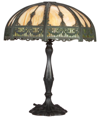 Table lamp, 24.7" ht., 25.3" d., marked #537 on base, in the style of Handel, multi-colored slag glass with elaborate shade metalwork, two bulb sockets, excellent condition. - 2