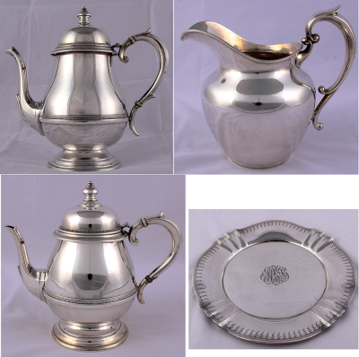 Four silver items, tray, 12.5'' d., 770g., marked: Markus & Co., New York, sterling; with, water pitcher, 8.5'' ht., 585g., marked: R.W.M., sterling; with, teapot, 8.5'' ht., 755g., marked: Spaulding-Gorham, sterling; with, coffee pot, 9.4'' ht., 800g., b