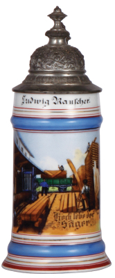 Porcelain stein, .5L, transfer & hand-painted, Occupational SŠger [Saw Operator], pewter lid, pewter tear body mint.