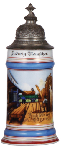 Porcelain stein, .5L, transfer & hand-painted, Occupational S&Scaron;ger [Saw Operator], pewter lid, pewter tear body mint.
