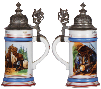 Porcelain stein, .5L, transfer & hand-painted, Occupational SŠger [Saw Operator], pewter lid, pewter tear body mint. - 2