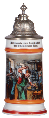 Porcelain stein, .5L, transfer & hand-painted, Occupational Schlosser [Metalsmith], pewter lid, mint.