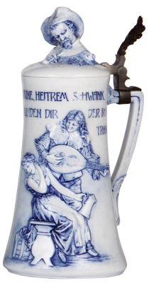 Porcelain stein, 1.0L, 11.3'' ht., relief, 379, hand-painted, pate-sur-pate, porcelain lid, faint hairline from top rim into the verse.