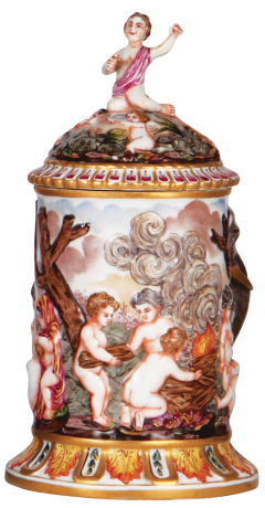 Porcelain stein, 1.0L, 10.7'' ht., hand-painted relief, Capo-di-Monte, marked N with crown, large elephant handle, set-on lid, mint.