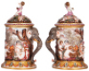 Porcelain stein, 1.0L, 10.7'' ht., hand-painted relief, Capo-di-Monte, marked N with crown, large elephant handle, set-on lid, mint. - 2