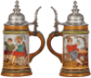 Pottery stein, .4L, etched, marked H.R., 507, by Hauber & Reuther, pewter lid, very good pewter strap repair, body mint. - 2
