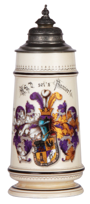 Porcelain stein, 2.0L, 13.9'' ht., transfer & hand-painted, marked H. Schauer Bonn, A.H.V. sei's Panier! Bonn, 1892/93, [Akademisch Historischen Verein, Bonn], pewter lid, has dent & small tear, otherwise mint.