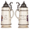 Porcelain stein, 2.0L, 13.9'' ht., transfer & hand-painted, marked H. Schauer Bonn, A.H.V. sei's Panier! Bonn, 1892/93, [Akademisch Historischen Verein, Bonn], pewter lid, has dent & small tear, otherwise mint. - 2