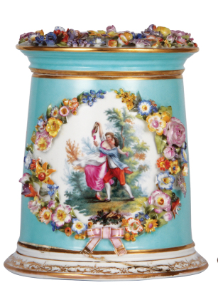 Porcelain stein, 4.0L, 11.2'' ht., hand-painted and applied relief, marked AR [Augustus Rex], late 1800s, floral and people, set-on lid, base break glued and filled, small chips on leaves.