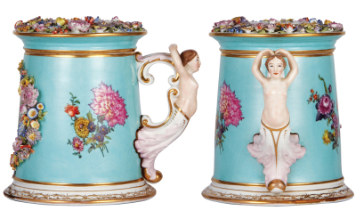 Porcelain stein, 4.0L, 11.2'' ht., hand-painted and applied relief, marked AR [Augustus Rex], late 1800s, floral and people, set-on lid, base break glued and filled, small chips on leaves. - 2