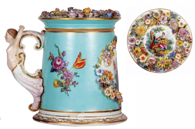 Porcelain stein, 4.0L, 11.2'' ht., hand-painted and applied relief, marked AR [Augustus Rex], late 1800s, floral and people, set-on lid, base break glued and filled, small chips on leaves. - 3