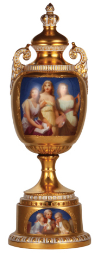 Porcelain pokal, 15.8" ht., hand-painted, marked with Beehive, Royal Vienna, Drei K&uuml;nste [the three arts, writing, painting and music], set-on lid, flake on inside of lid, flash reflection on faces, otherwise mint.
