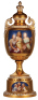 Porcelain pokal, 15.8" ht., hand-painted, marked with Beehive, Royal Vienna, Drei K&uuml;nste [the three arts, writing, painting and music], set-on lid, flake on inside of lid, flash reflection on faces, otherwise mint.