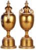 Porcelain pokal, 15.8" ht., hand-painted, marked with Beehive, Royal Vienna, Drei K&uuml;nste [the three arts, writing, painting and music], set-on lid, flake on inside of lid, flash reflection on faces, otherwise mint. - 2