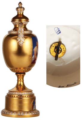 Porcelain pokal, 15.8" ht., hand-painted, marked with Beehive, Royal Vienna, Drei Künste [the three arts, writing, painting and music], set-on lid, flake on inside of lid, flash reflection on faces, otherwise mint. - 3