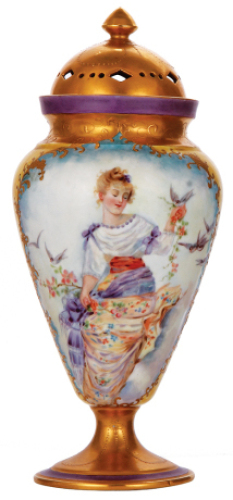 Porcelain pokal, 15.0'' ht., hand-painted, marked: W. G. & Co., France, artist signed Anna Huppert, June 12, 1900, beautiful woman with birds and flowers, set-on lid, interior factory firing line on side, gilding flakes on lid.&nbsp; &nbsp;300-600