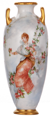 Porcelain vase, 11.5'' ht., hand-painted, marked: O. & E. G., Royal Austria, artist initials M. A. H. 1901, beautiful woman with flowers, excellent condition.   300-600