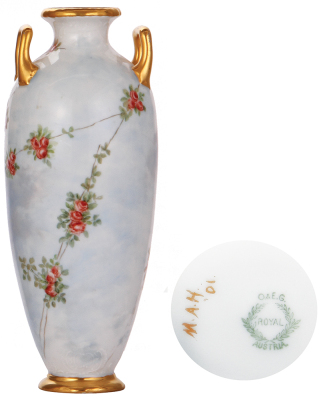 Porcelain vase, 11.5'' ht., hand-painted, marked: O. & E. G., Royal Austria, artist initials M. A. H. 1901, beautiful woman with flowers, excellent condition.   300-600 - 2