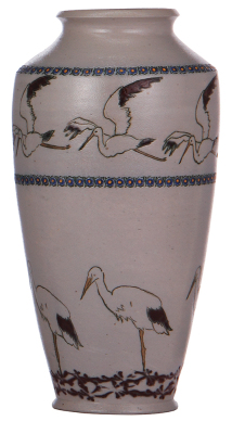 Stoneware vase, 10.4'' ht., incised, marked: J. Wingerter, 0507, flying and standing herons, artist initials O.S. & C.W., saltglazed, excellent condition.Ê ÊÊ200-300