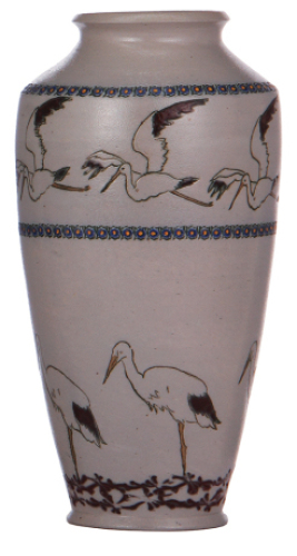 Stoneware vase, 10.4'' ht., incised, marked: J. Wingerter, 0507, flying and standing herons, artist initials O.S. & C.W., saltglazed, excellent condition.&Ecirc; &Ecirc;&Ecirc;200-300