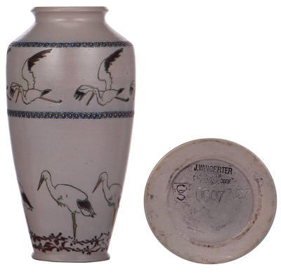 Stoneware vase, 10.4'' ht., incised, marked: J. Wingerter, 0507, flying and standing herons, artist initials O.S. & C.W., saltglazed, excellent condition.Ê ÊÊ200-300 - 2