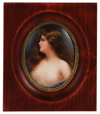 Porcelain plaque, 3.3" x 2.7", with frame 5.4" x 4.7", signed Wagner, hand-painted, paper label on rear Julius Grier & Sohn, Dresden, Germany, mint.