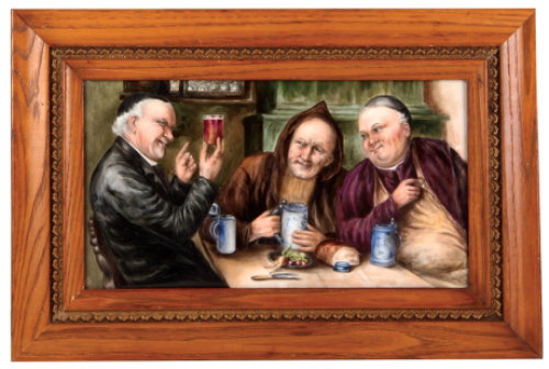 Porcelain plaque, 13.5'' x 7.6'', with frame 18.0'' x 12.0'', unmarked, hand-painted, c.1900, E. Gr&uuml;tzner style of monks and religious man drinking, porcelain excellent condition, frame in very good condition.