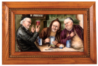 Porcelain plaque, 13.5'' x 7.6'', with frame 18.0'' x 12.0'', unmarked, hand-painted, c.1900, E. Gr&uuml;tzner style of monks and religious man drinking, porcelain excellent condition, frame in very good condition.