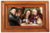 Porcelain plaque, 13.5'' x 7.6'', with frame 18.0'' x 12.0'', unmarked, hand-painted, c.1900, E. Gr&uuml;tzner style of monks and religious man drinking, porcelain excellent condition, frame in very good condition.