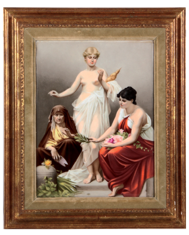 K.P.M. porcelain plaque, 9.0'' x 12.0'', with frame 13.4'' x 16.2'', hand-painted, marked K.P.M. with scepter, late 1800s, Die drei Parzen, nach Thumann, porcelain excellent condition, frame has minor scratches. 